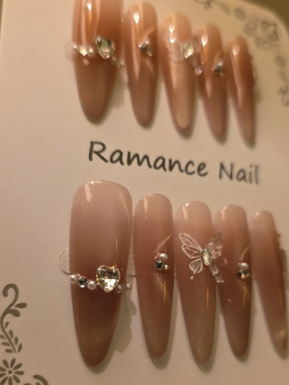 Women's Nude Pink Press-On Nail Set with Butterfly Accent Size Large